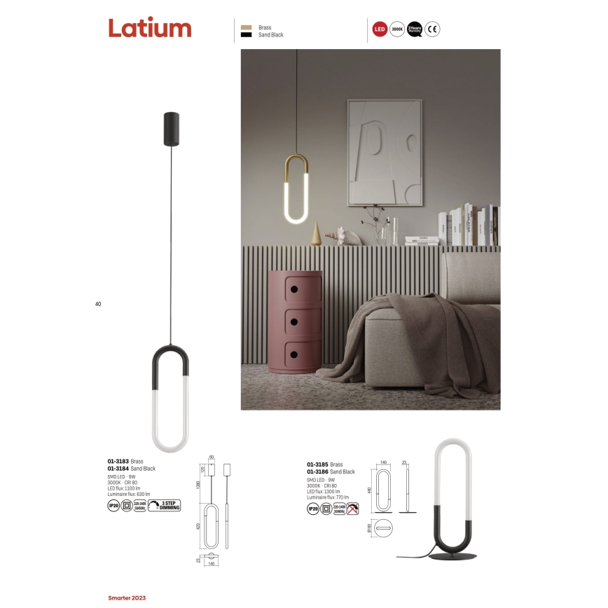 Redo 01-3184 - Candelabro suspenso LED com regulação LATIUM LED/9W/230V preto