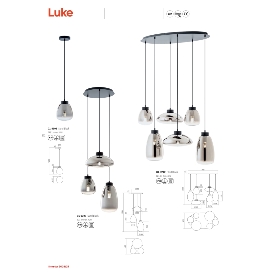 Redo 01-3197 - Candeeiro suspenso LUKE 3xE27/42W/230V diâmetro 46 cm preto