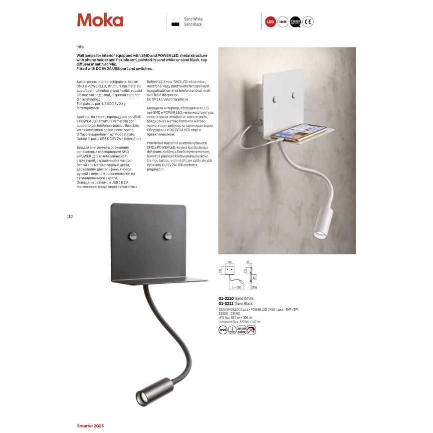 Redo 01-3211 - Iluminação de parede LED com uma pequena lâmpada flexível MOKA LED/6W + LED/3W/230V USB CRI90 preto