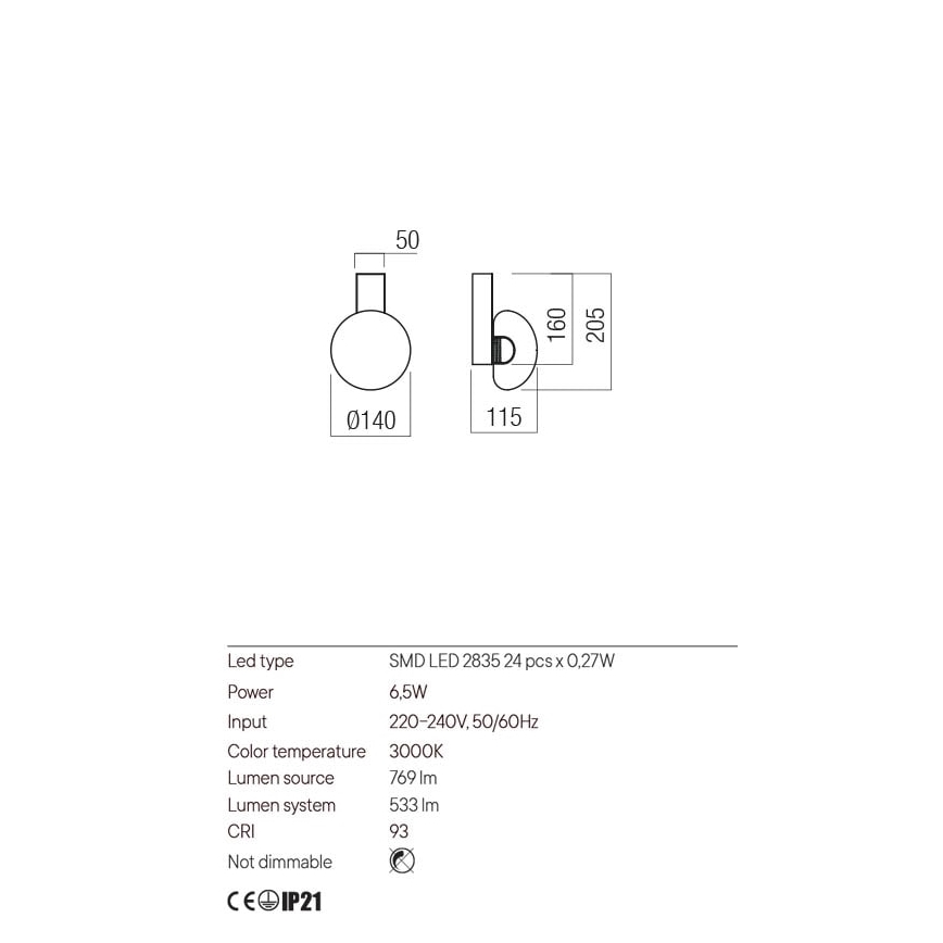 Redo 01-3239 - Iluminação de parede LED SINCLAIR LED/6,5W/230V CRI 93 IP21 dourada