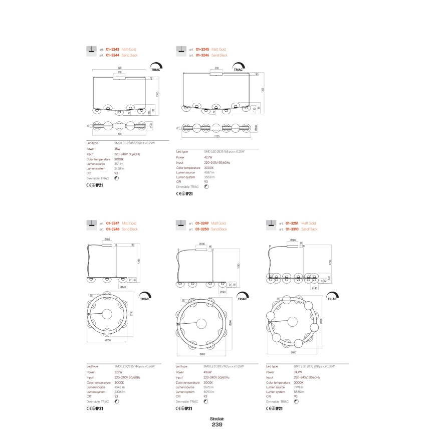 Redo 01-3243 - Candelabro suspenso LED com regulação SINCLAIR LED/35W/230V CRI 93 IP21 dourada