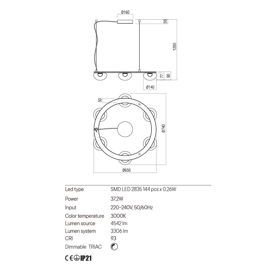 Redo 01-3247- Candelabro suspenso LED com regulação SINCLAIR LED/37,2W/230V CRI 93 IP21 dourada