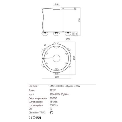 Redo 01-3248- Candelabro suspenso LED com regulação SINCLAIR LED/37,2W/230V CRI 93 IP21 preto