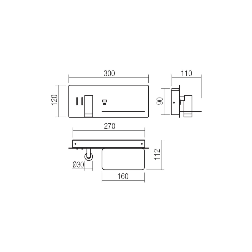 Redo 01-3316 - Foco de parede LED BROOK LED/8W/230V + LED/3W USB CRI 90 preto direita