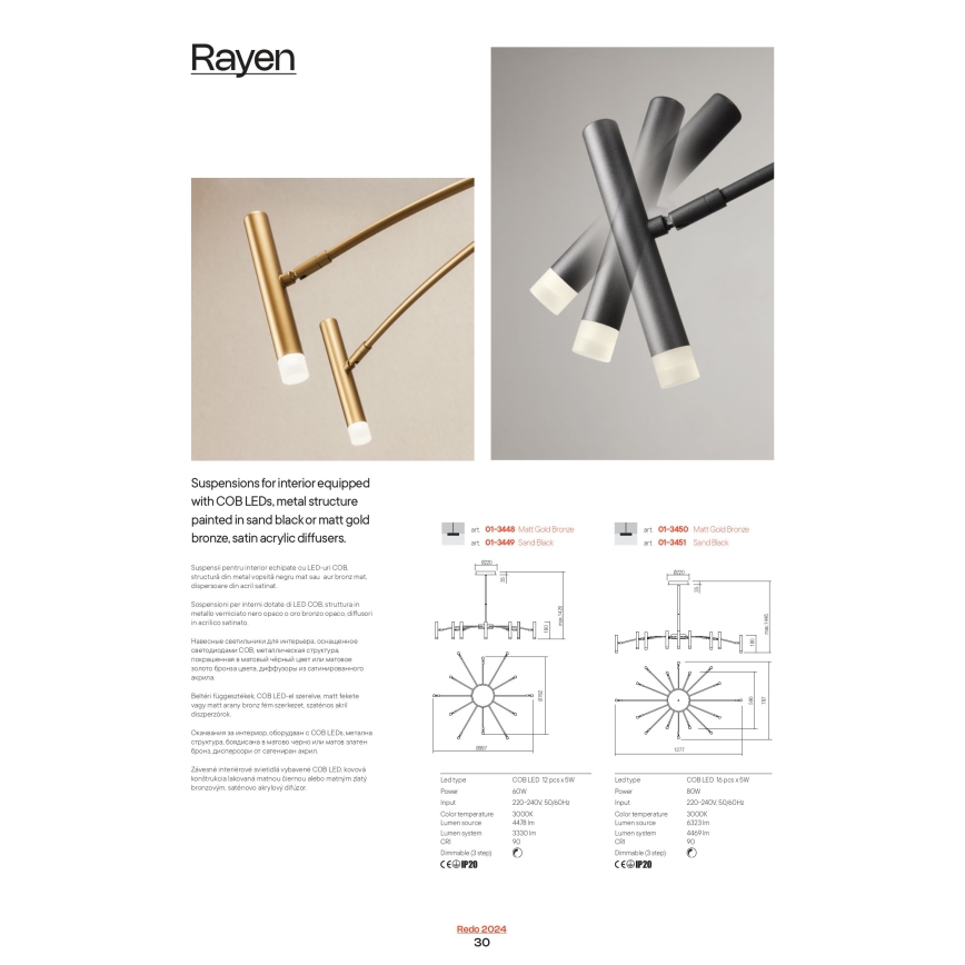 Redo 01-3450 - Lustre LED dimerizável em haste RAYEN LED/80W/230V CRI 90 dourado
