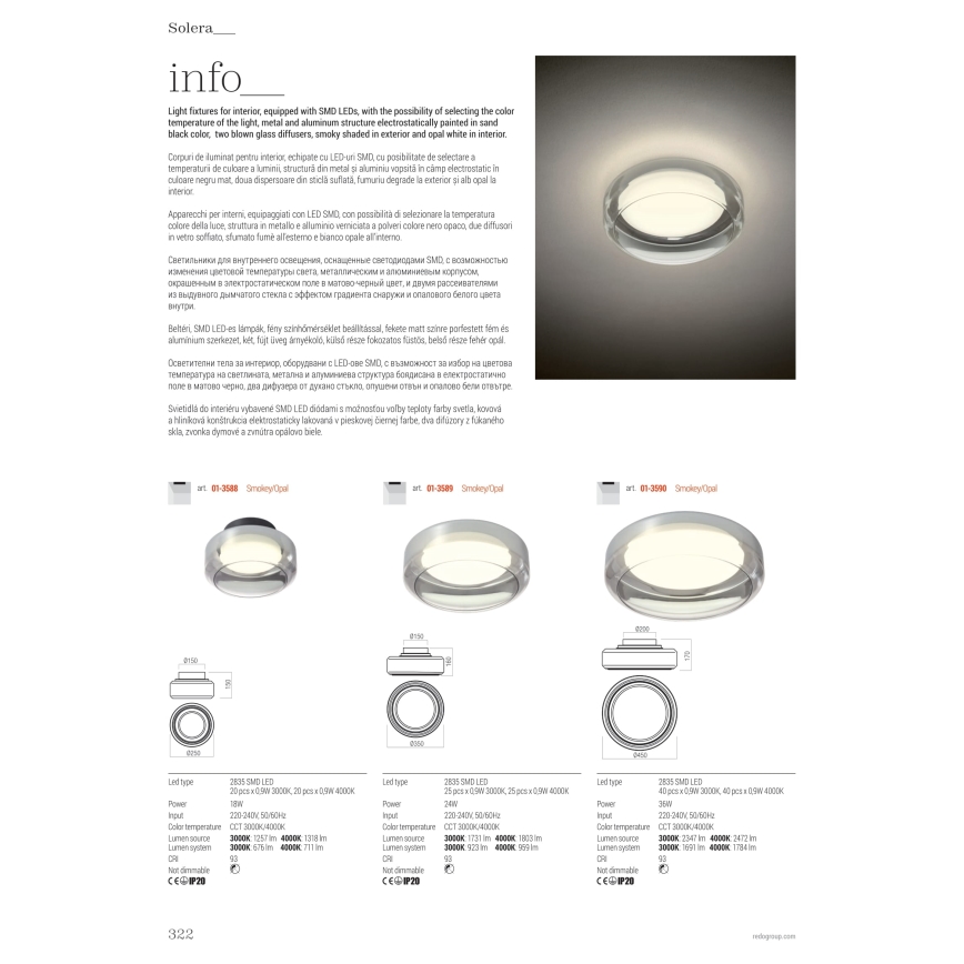 Redo 01-3590 - Iluminação de teto LED SOLERA LED/36W/230V diâmetro 45 cm CRI 93 3000/4000K cinzento