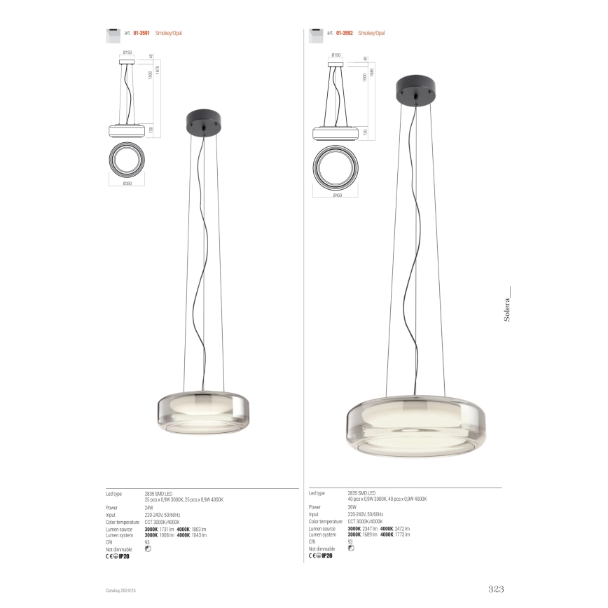 Redo 01-3591 - Candeeiro suspenso LED SOLERA LED/24W/230V diâmetro 35 cm CRI 93 3000/4000K cinzento