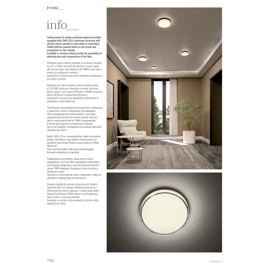 Redo 01-3727 - Iluminação de teto para casa de banho LED FRISBI LED/12W/230V diâmetro 23 cm CRI 90 3000/4000K IP44 cromado brilhante