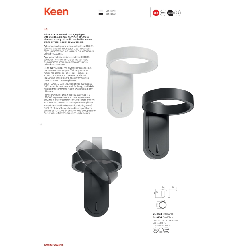 Redo 01-3764 - Iluminação de parede LED KEEN LED/6W/230V CRI 90 preto
