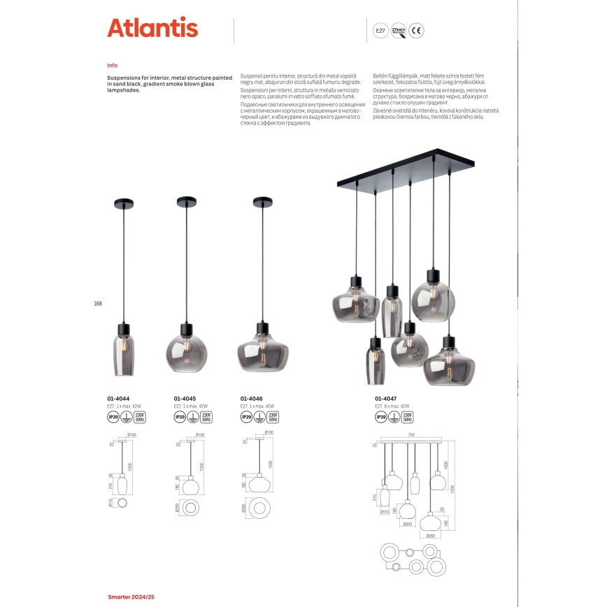 Redo 01-4047 - Candeeiro suspenso ATLANTIS 6xE27/42W/230V preto