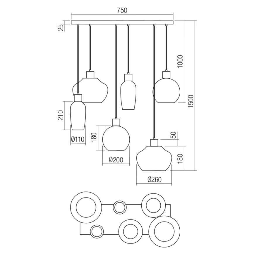 Redo 01-4047 - Candeeiro suspenso ATLANTIS 6xE27/42W/230V preto