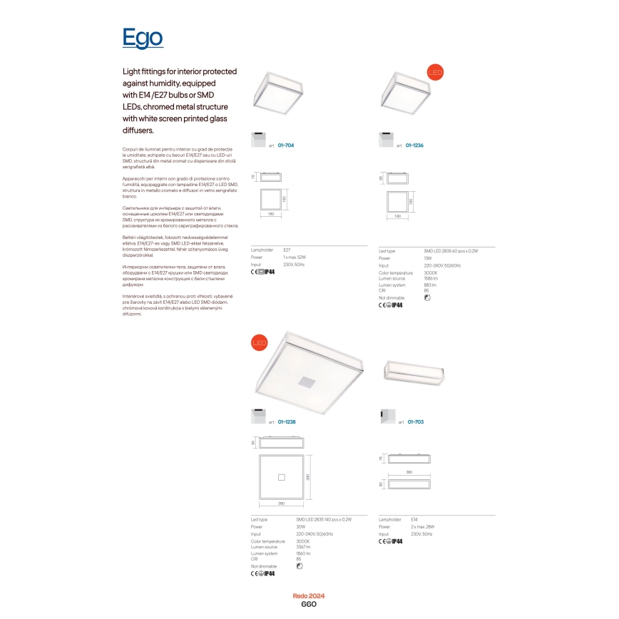 Redo 01-704 - Iluminação de teto de casa de banho EGO 1xE27/52W/230V 18x18 cm IP44