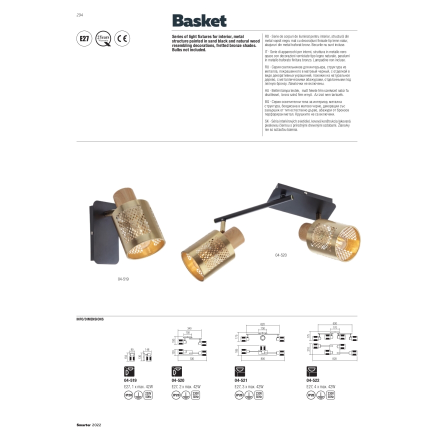 Redo 04-521 - Candelabro montado à superfície BASKET 3xE27/42W/230V bronze