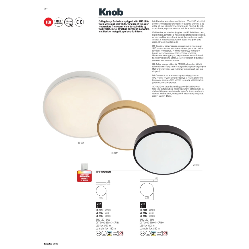 Redo 05-932 - Iluminação de teto LED KNOB LED/36W/230V 3000K-6500K 40 cm dourado