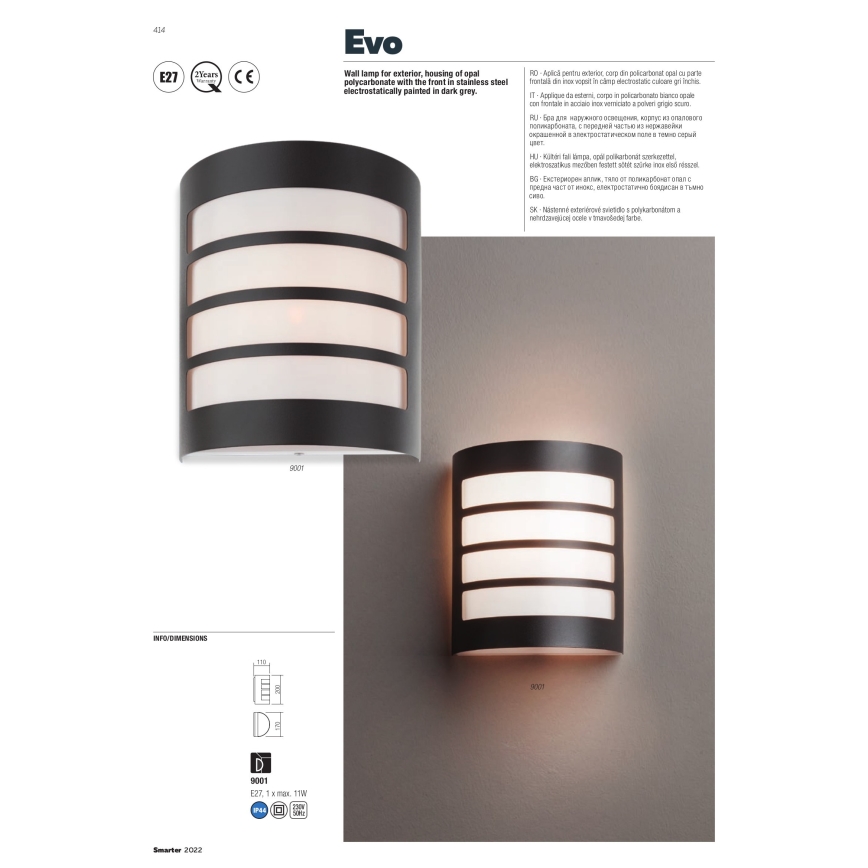 Redo 9001 - Iluminação de parede exterior EVO 1xE27/11W/230V IP44
