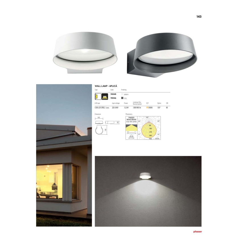 Redo 90046 - Luz de parede LED de exterior PHASER LED/12W/230V IP54