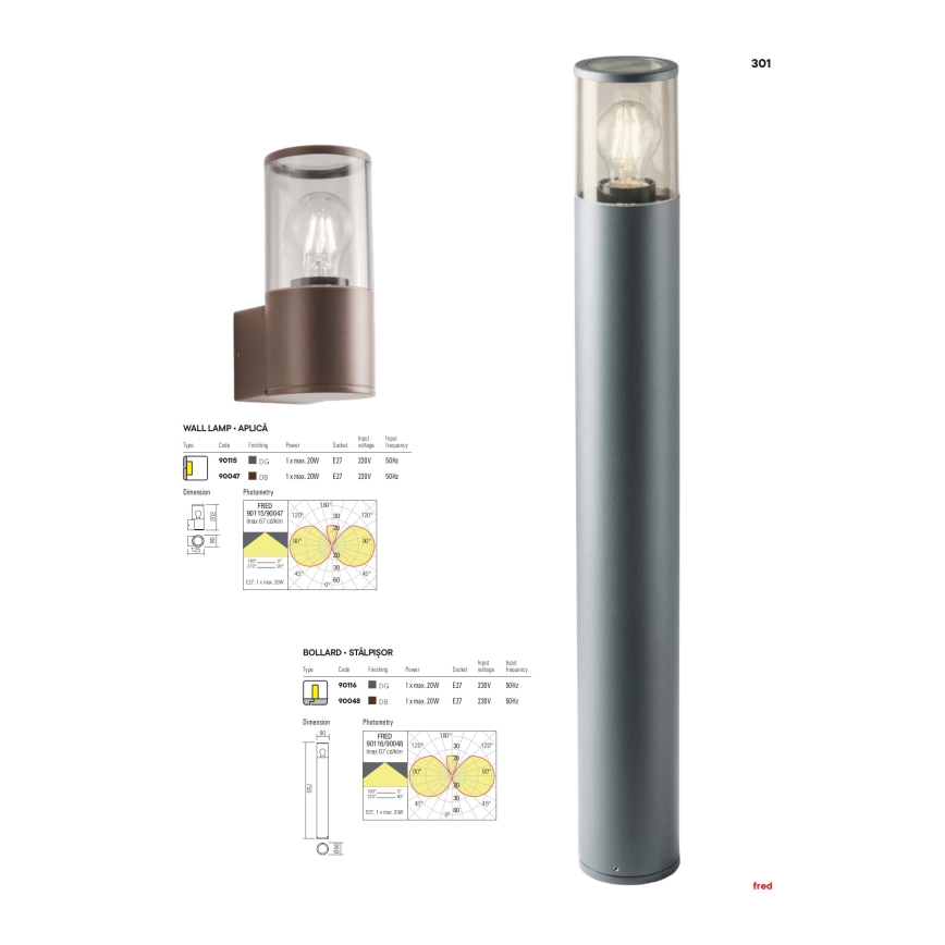 Redo 90047 - Luz de parede de exterior FRED 1xE27/20W/230V IP54