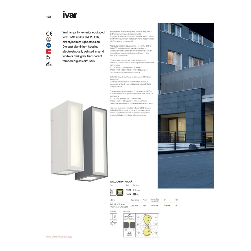 Redo 90114 - Iluminação de parede exterior LED IVAR LED/7,6W/230V IP54 antracite