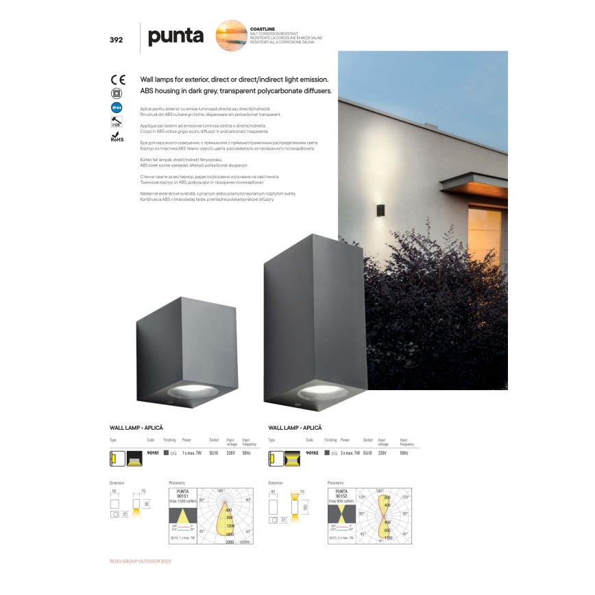 Redo 90151 - Luz de parede de exterior PUNTA 1xGU10/7W/230V IP44