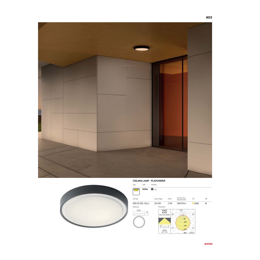 Redo 90155 - Iluminação de teto exterior LED PONZA LED/16W/230V diâmetro 26 cm IP65