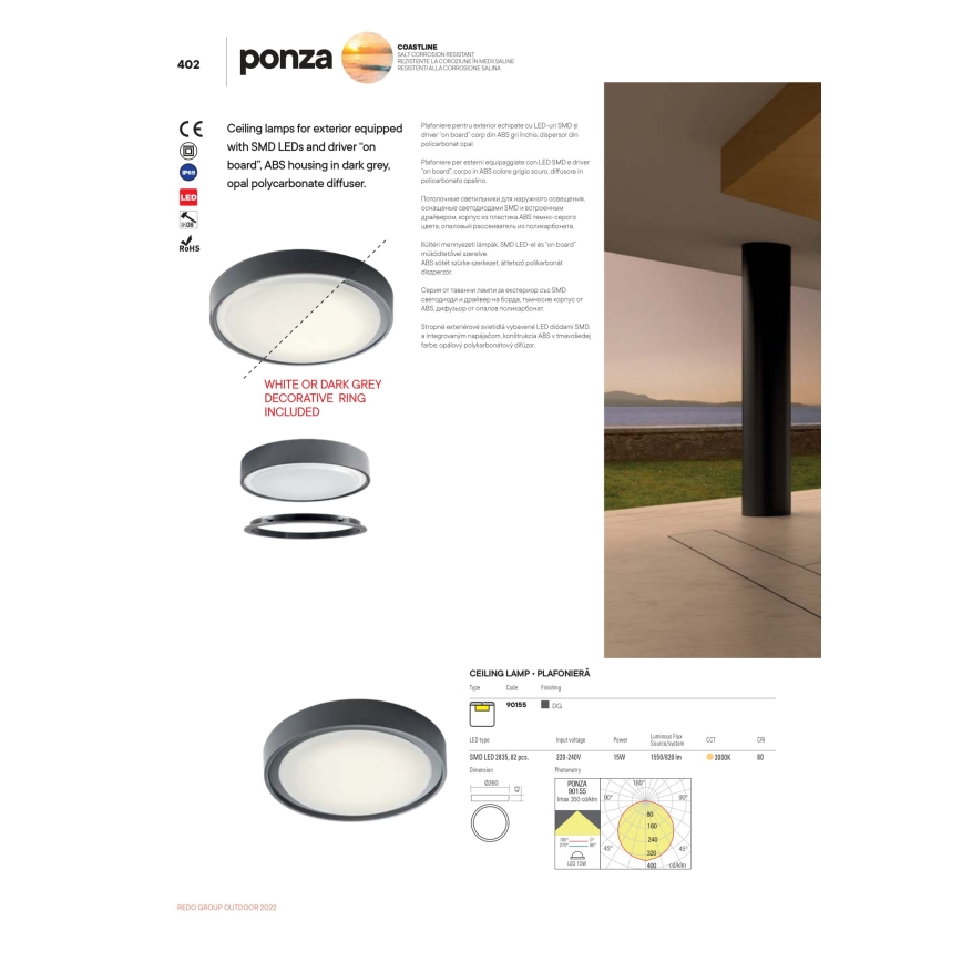 Redo 90155 - Iluminação de teto exterior LED PONZA LED/16W/230V diâmetro 26 cm IP65