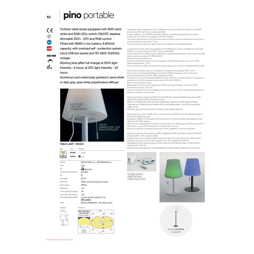 Redo 90166 - Candeeiro de mesa exterior LED RGB com regulação PINO LED/2,6W/230V 4400 mAh IP44