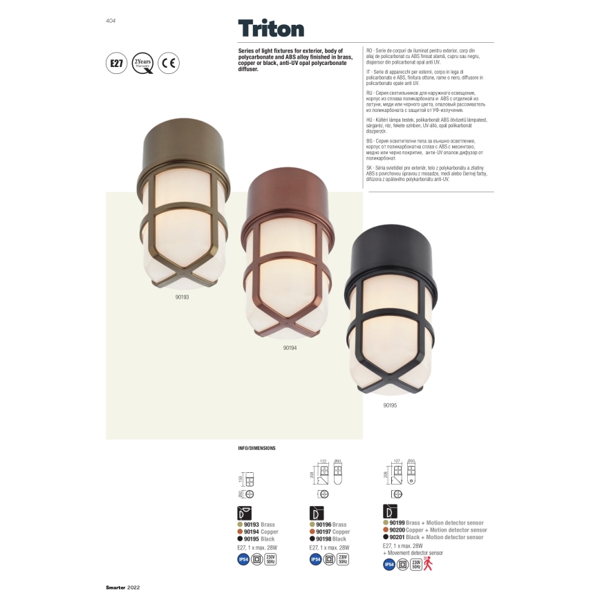 Redo 90196 - Iluminação de parede exterior TRITON 1xE27/28W/230V IP54 latão