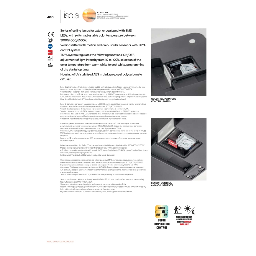 Redo 90290 - Iluminação de teto exterior LED com sensor ISOLA LED/24W/230V diâmetro 26 cm 3000/4000/6500K IP54 antracite