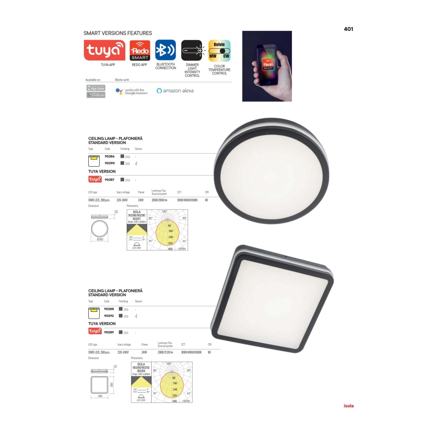 Redo 90290 - Iluminação de teto exterior LED com sensor ISOLA LED/24W/230V diâmetro 26 cm 3000/4000/6500K IP54 antracite