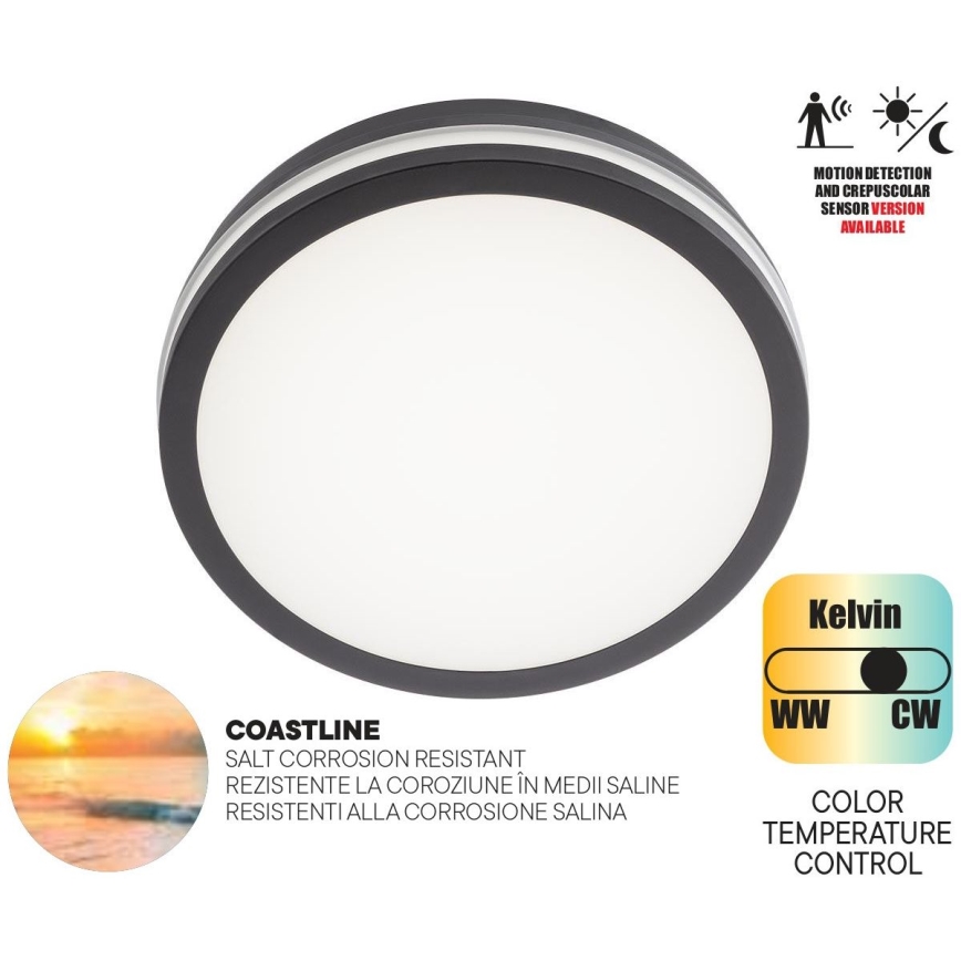 Redo 90290 - Iluminação de teto exterior LED com sensor ISOLA LED/24W/230V diâmetro 26 cm 3000/4000/6500K IP54 antracite