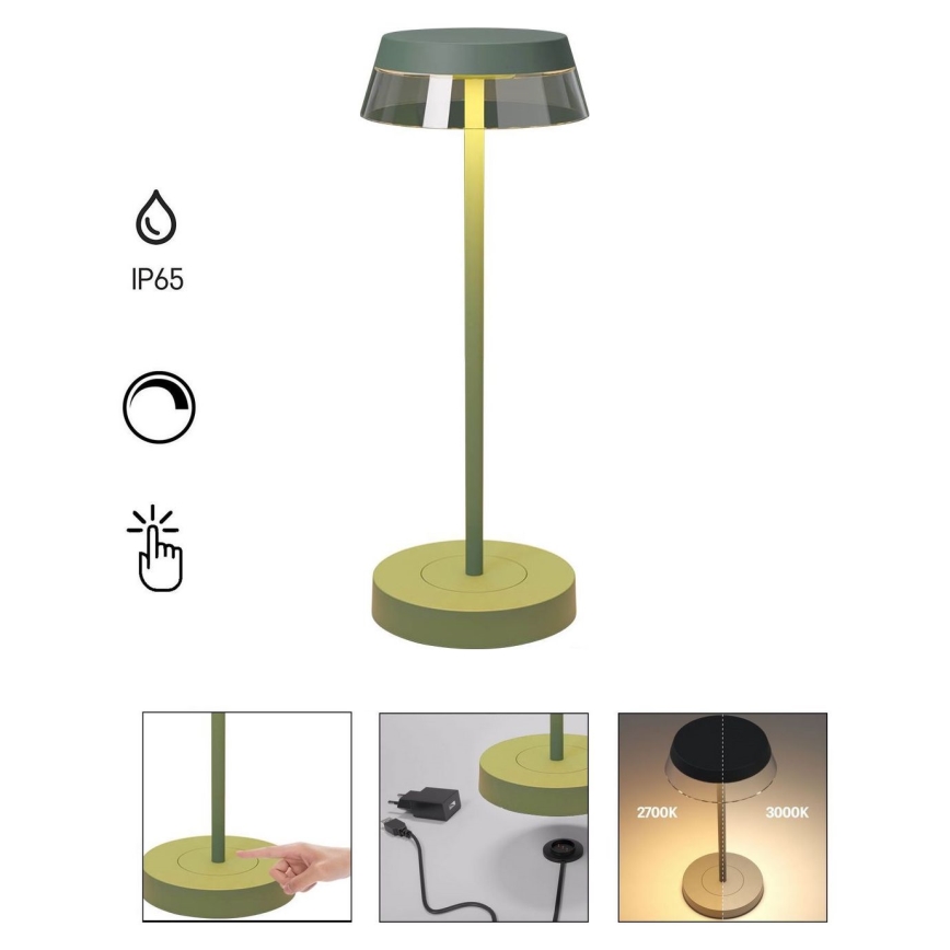 Redo 90309 - Candeeiro de mesa táctil LED com regulação ILUNA LED/2,5W/5V 2700-3000K 3000 mAh IP65 verde