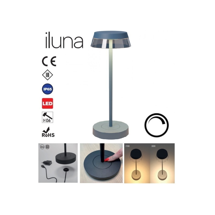 Redo 90310 - Candeeiro de mesa táctil LED com regulação ILUNA LED/2,5W/5V 2700-3000K 3000 mAh IP65 azul