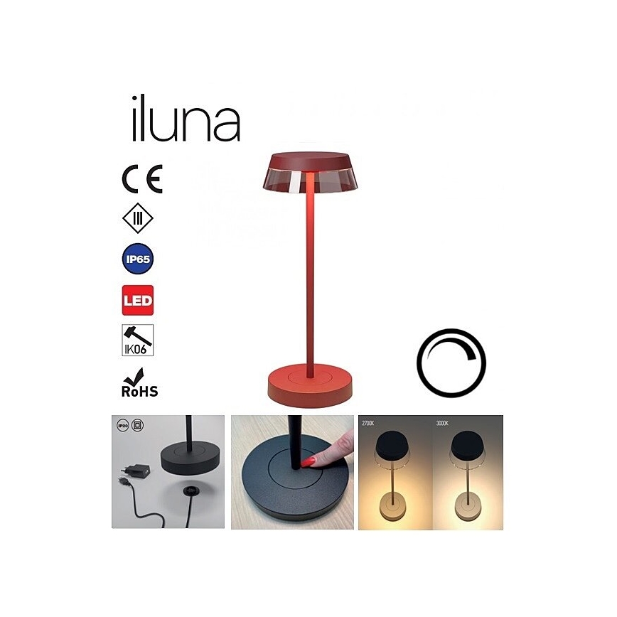 Redo 90311- Candeeiro de mesa táctil LED com regulação ILUNA LED/2,5W/5V 2700-3000K 3000 mAh IP65 vermelho