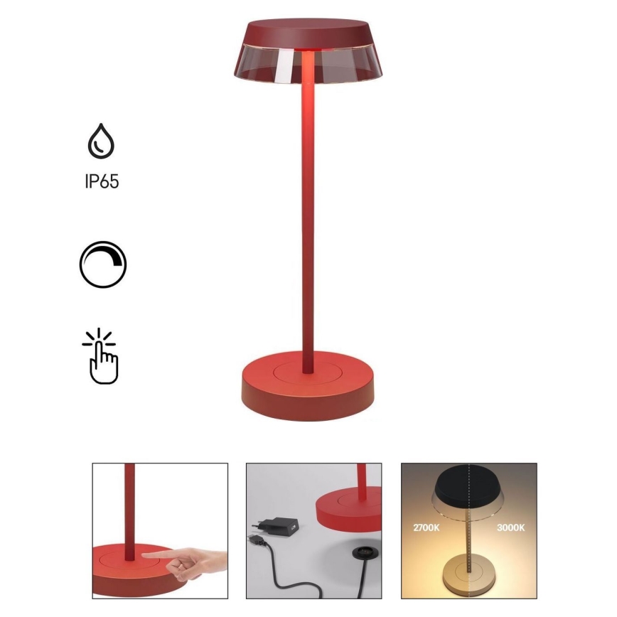 Redo 90311- Candeeiro de mesa táctil LED com regulação ILUNA LED/2,5W/5V 2700-3000K 3000 mAh IP65 vermelho
