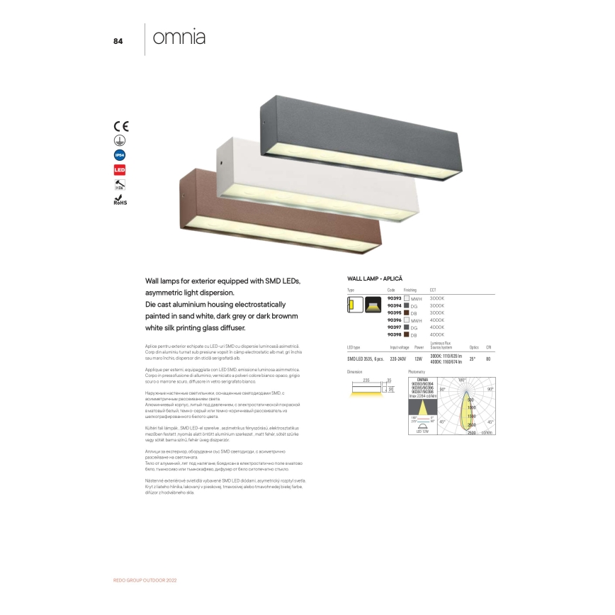 Redo 90394 - Iluminação de parede exterior LED OMNIA LED/12W/230V 3000K IP54 cinzento