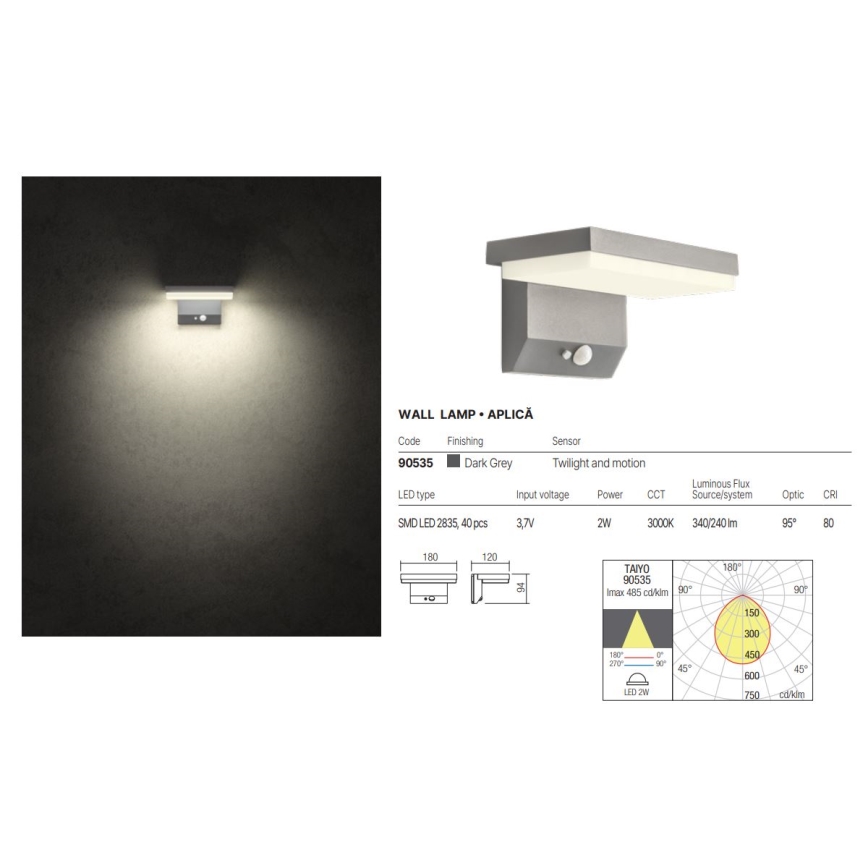 Redo 90535 - Iluminação solar de parede LED com sensor TAIYO LED/2W/3,7V 3000K IP54 antracite