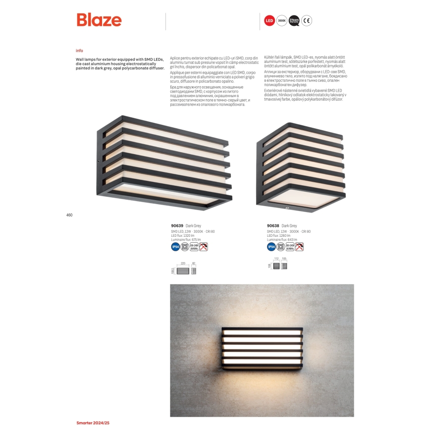 Redo 90638 - Iluminação de parede exterior LED BLAZE LED/12W/230V 3000K IP54 antracite