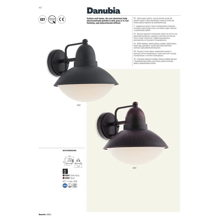 Redo 9095 - Luz de parede de exterior DANUBIA 1xE27/42W/230V IP44