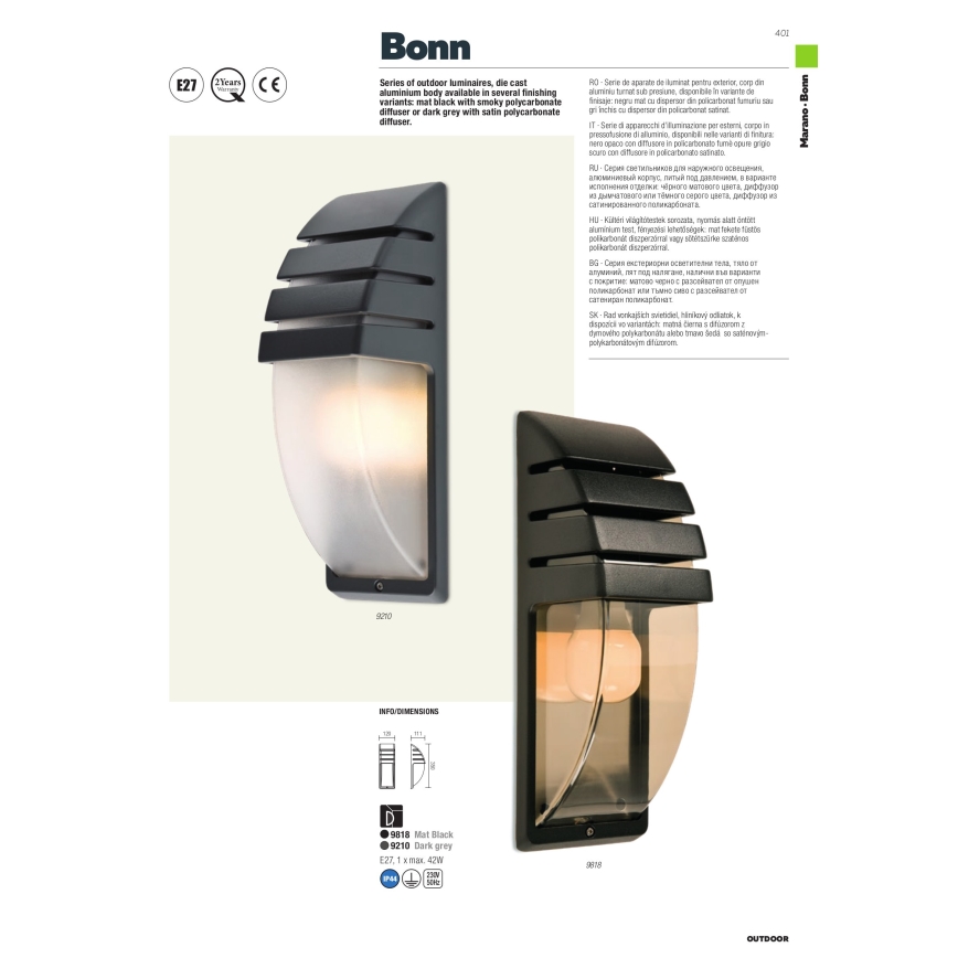 Redo 9210 - Luz de parede de exterior BONN 1xE27/42W/230V IP44