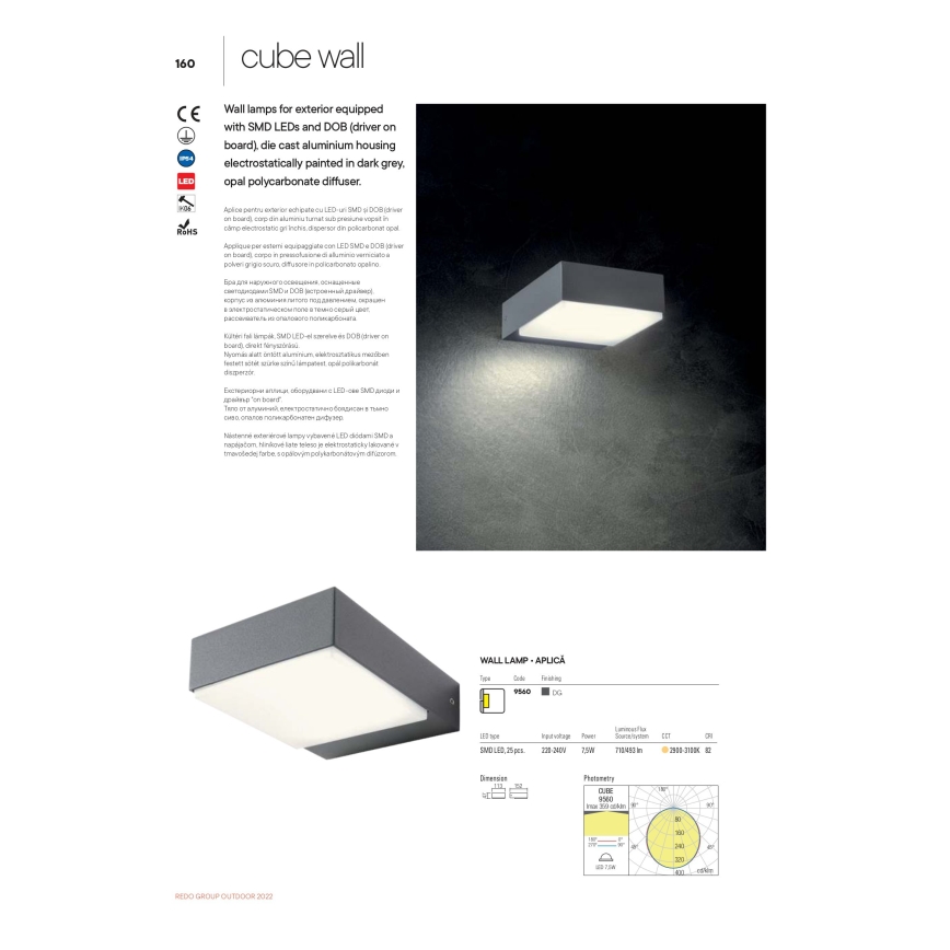 Redo 9560 - Iluminação de parede exterior LED CUBE LED/7W/230V 3000K IP54 antracite