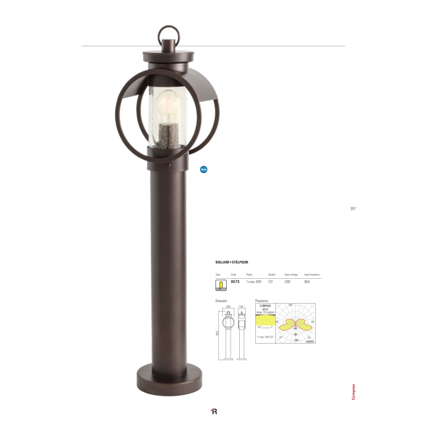 Redo 9573 - Candeeiro de exterior COMPASS 1xE27/42W/230V IP33