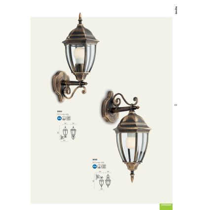 Redo 9604 - Candeeiro de parede exterior SEVILLA 1xE27/42W/230V IP44 dourado/pátina