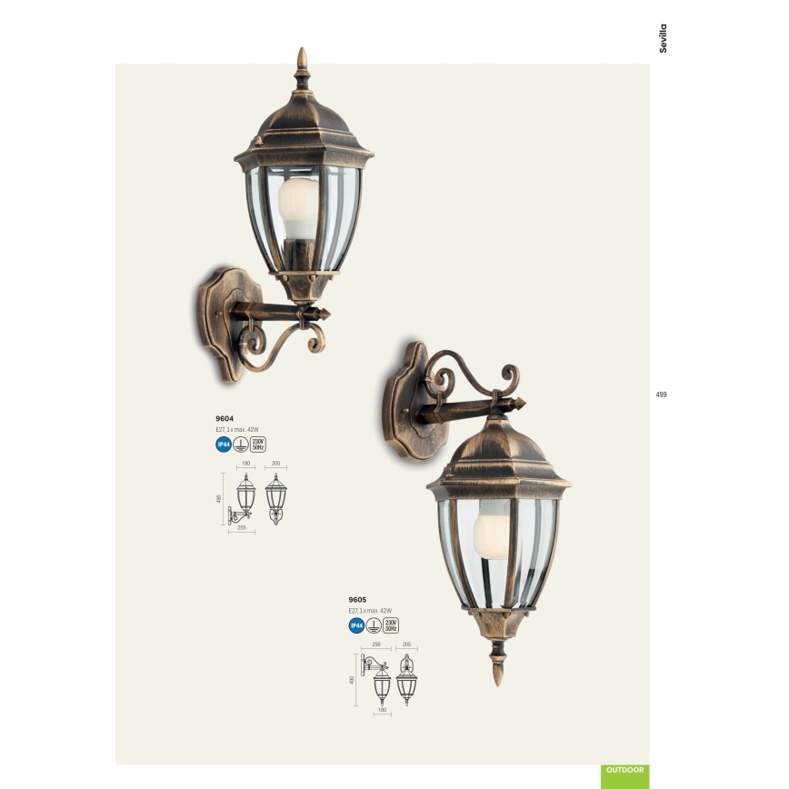Redo 9604 - Candeeiro de parede exterior SEVILLA 1xE27/42W/230V IP44 dourado/pátina
