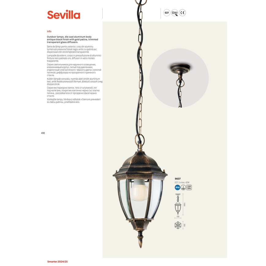 Redo 9606 - Candeeiro exterior SEVILLA 1xE27/42W/230V IP44 dourado/pátina