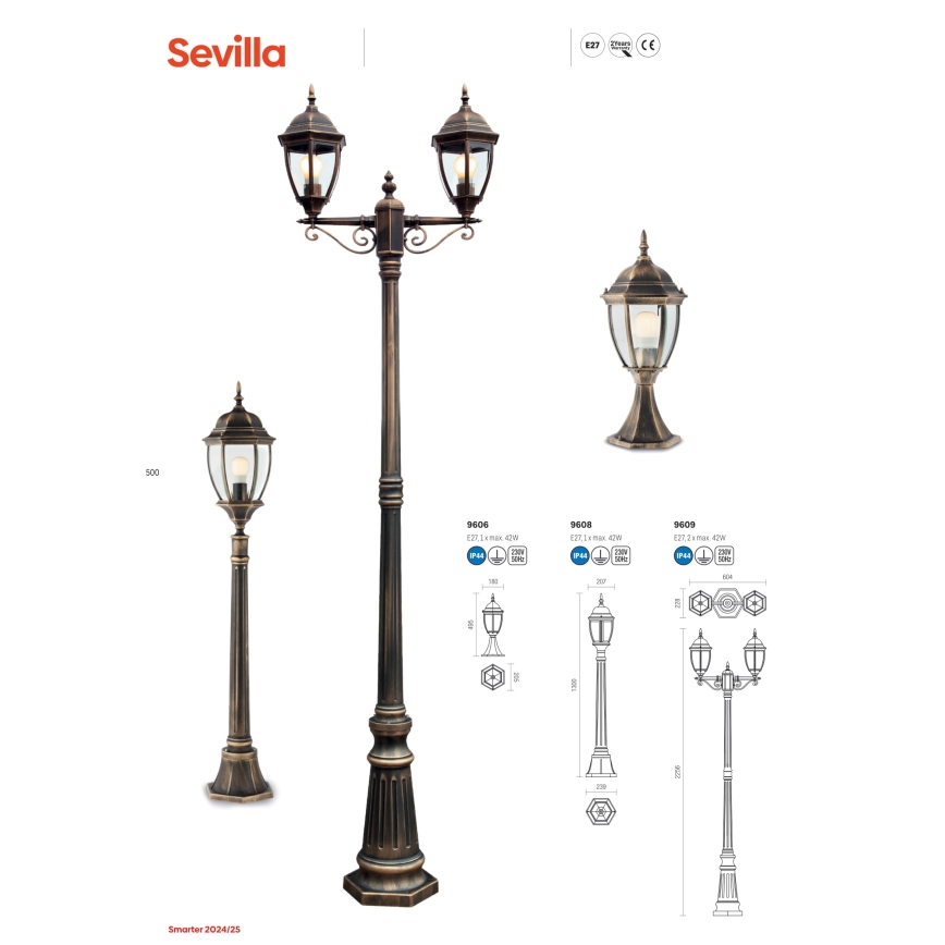 Redo 9606 - Candeeiro exterior SEVILLA 1xE27/42W/230V IP44 dourado/pátina