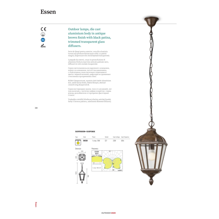 Redo 9656 - Aplique de parede exterior ESSEN 1xE27/70W/230V IP44 castanho/pátina