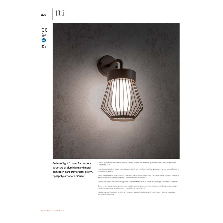Redo 9843 - Candeeiro de parede exterior TITTI 1xE27/42W/230V IP44 antracite