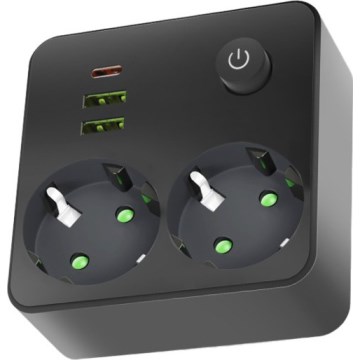 Régua de tomadas com interruptor LINEA 2x230V + 3xUSB A/C SCHUKO preta