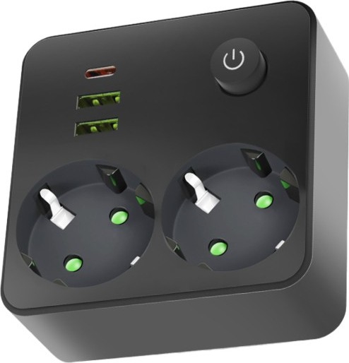 Régua de tomadas com interruptor LINEA 2x230V + 3xUSB A/C SCHUKO preta