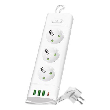 Régua de tomadas com interruptor LINEA PRO 3x230V + 3xUSB-A + 1xUSB-C SCHUKO 3 m branca